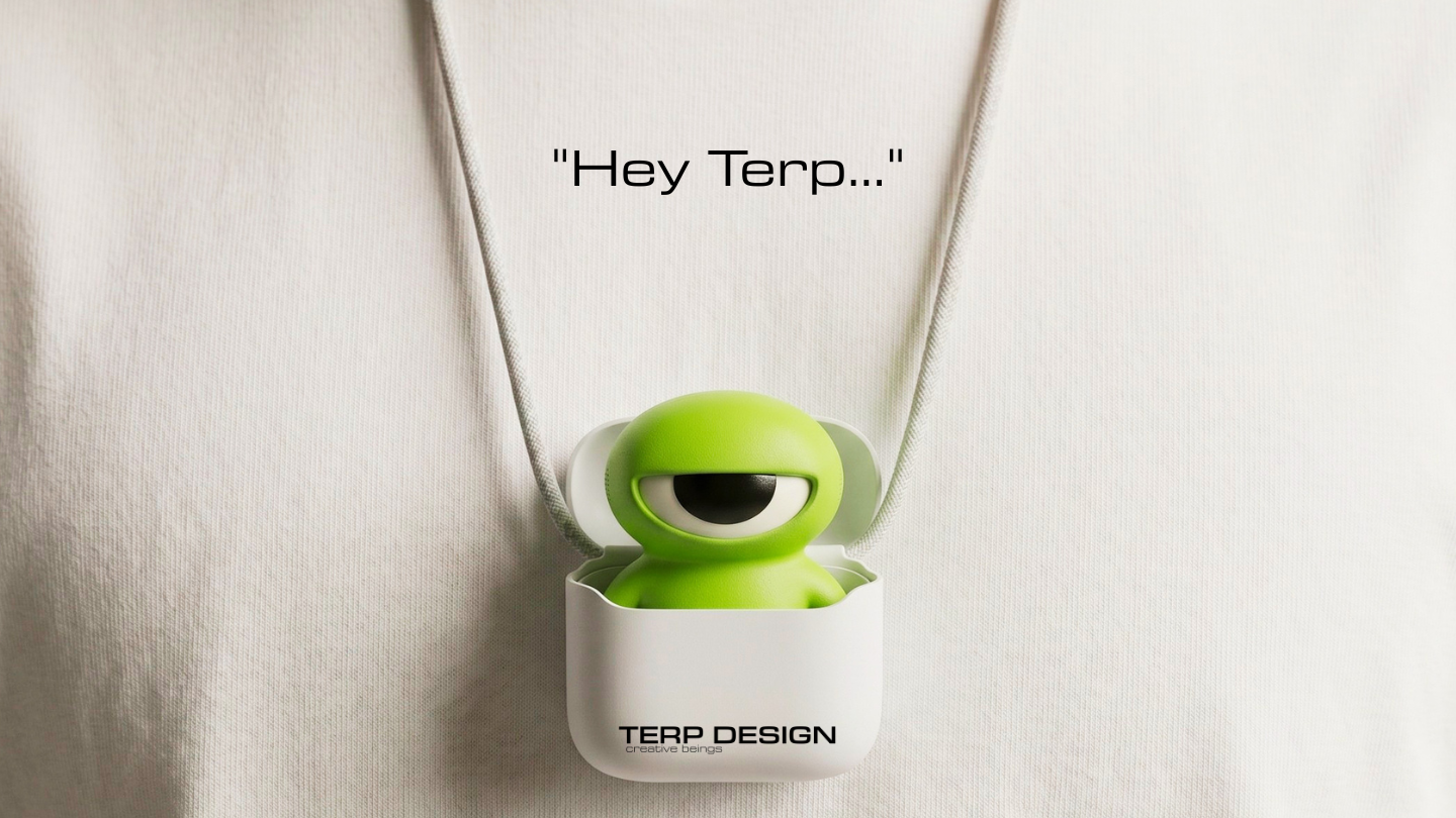 A green Terp popping out of a white pod worn as a necklace, above the words ‘Hey Terp…’