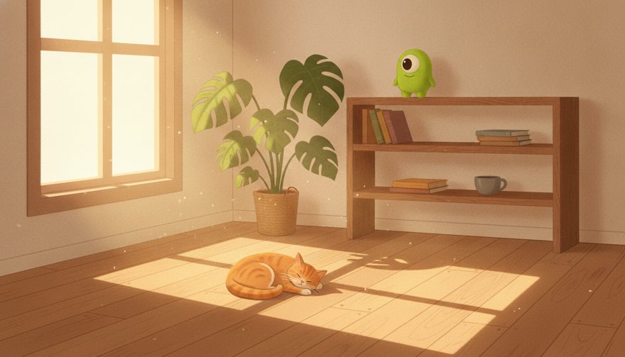 A Terp keeps fond watch over the cat and the monstera.