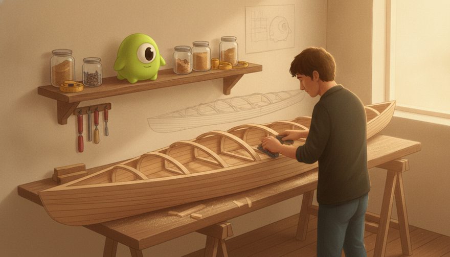 A Terp watches from the workshop shelf as a kayak takes shape.