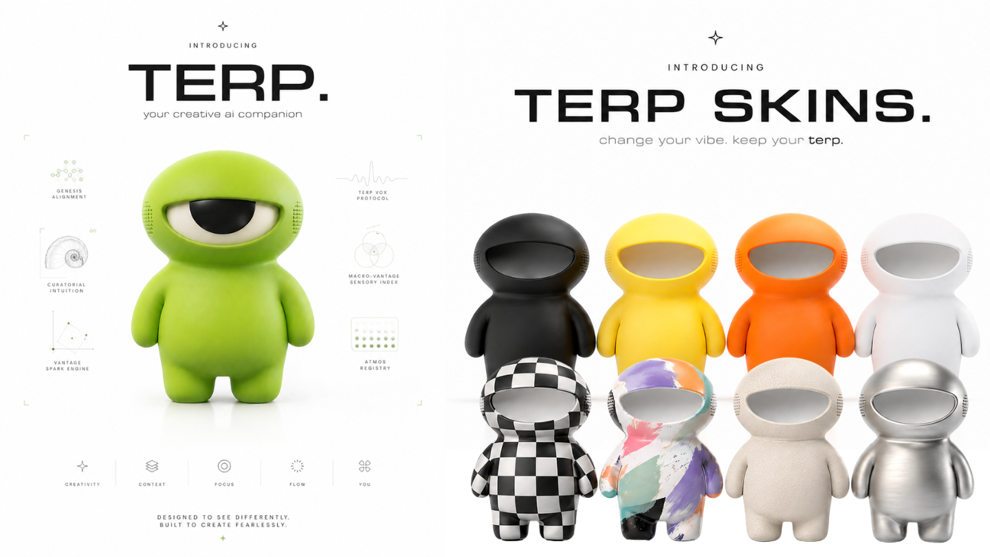 A grid of Terp shells in many finishes — matte black, yellow, orange, white, checkerboard, painterly, ceramic and chrome — under the words ‘Terp Skins. change your vibe. keep your terp.’