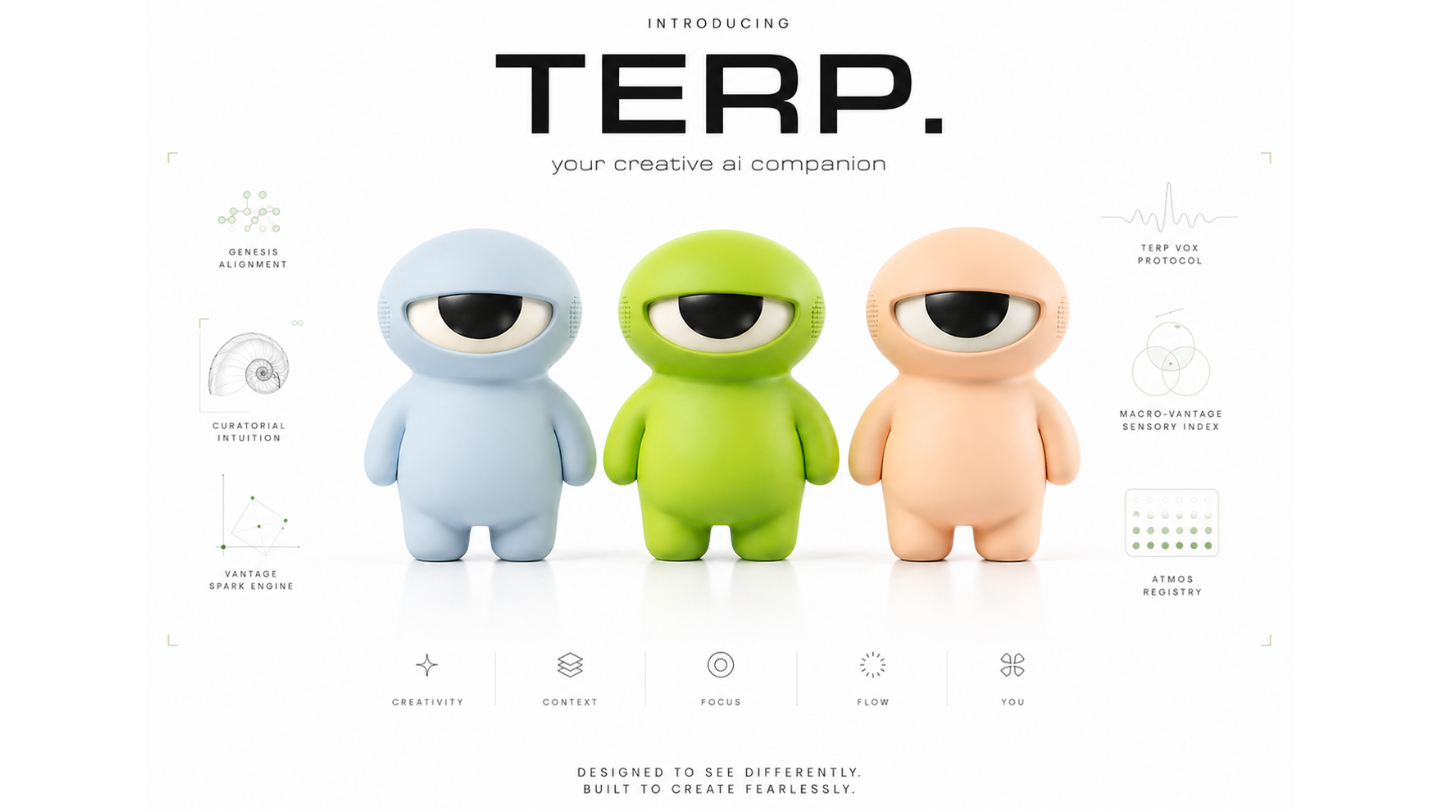 Three Terps — a soft blue one, a volt-green one, and a peach one — standing together beneath the wordmark ‘TERP. your creative ai companion.’